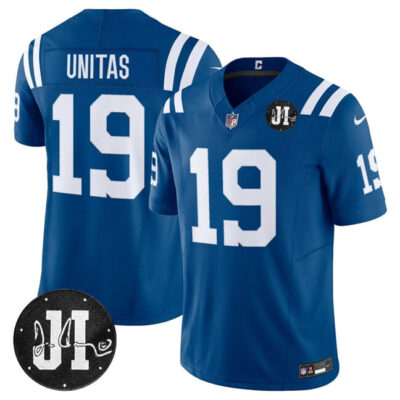Indianapolis Colts #19 Johnny Unitas Blue 2025 F.U.S.E. Jim Irsay Patch Vapor Limited Football Stitched Jersey