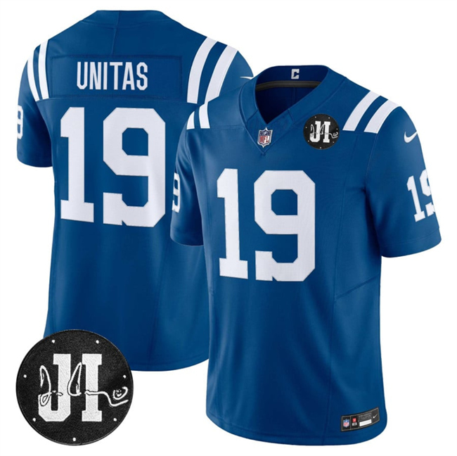 Indianapolis Colts #19 Johnny Unitas Blue 2025 F.U.S.E. Jim Irsay Patch Vapor Limited Football Stitched Jersey