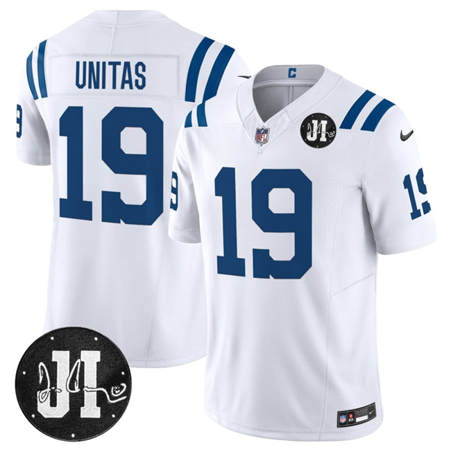 Indianapolis Colts #19 Johnny Unitas White 2025 F.U.S.E. Jim Irsay Patch Vapor Limited Football Stitched Jersey