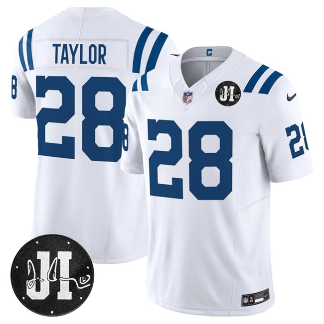 Indianapolis Colts #28 Jonathan Taylor White 2025 F.U.S.E. Jim Irsay Patch Vapor Limited Football Stitched Jersey