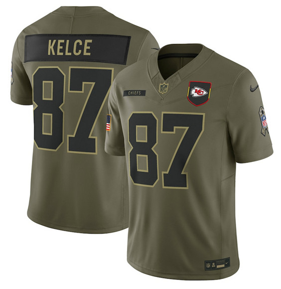 Kansas City Chiefs #87 Travis Kelce Olive 2025 Salute to Service Limited Football Stitched Jersey