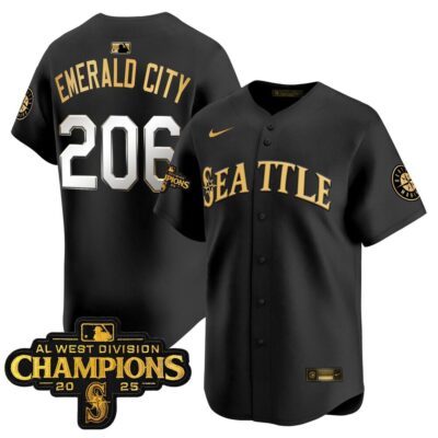 Seattle Mariners 2025 AL West Division Champions Vapor Premier Jersey - Black Gold Emerald City 206