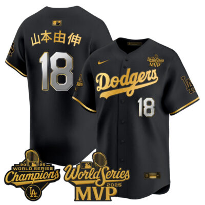 #18 Yoshinobu Yamamoto 2025 World Series MVP Vapor Premier Limited Jersey  - Kanji Black Gold