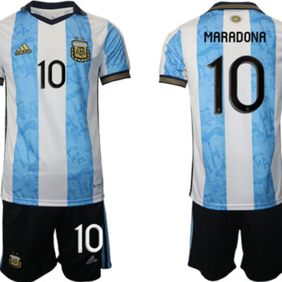 Argentina #10 Diego Maradona White/Blue Home Soccer Jersey Suit
