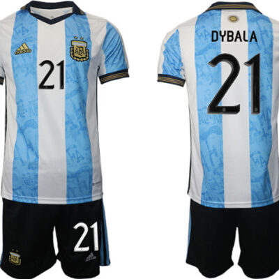Argentina #21 Dybala Maradona White/Blue Home Soccer Jersey Suit