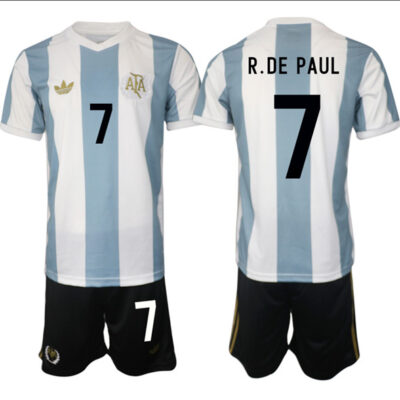 Argentina #7 Rodrigo Javier De Paul White/Blue 2024-25 50th Anniversary Home Soccer Jersey Suit