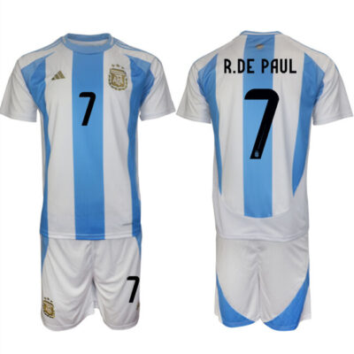 Argentina #7 Rodrigo Javier De Paul White/Blue 2024-25 Home Soccer Jersey Suit