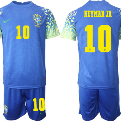 Brazil #10 Neymar Jr Blue 2022 FIFA World Cup Away Soccer Jersey Suit