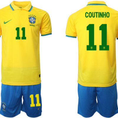 Brazil #11 Coutinho Yellow Home Soccer Jersey Suit