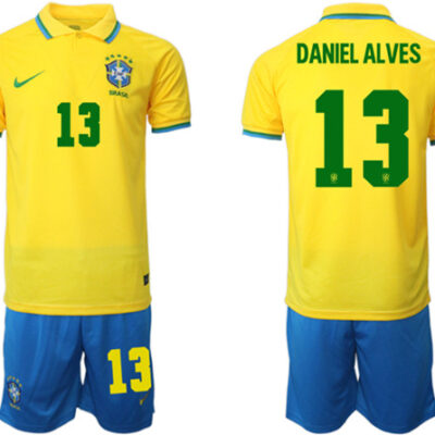 Brazil #13 Daniel Alves Yellow Home Soccer Jersey Suit