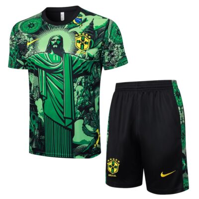 Brazil 2024 2025 Green Pattern Soccer Jersey Shorts Set