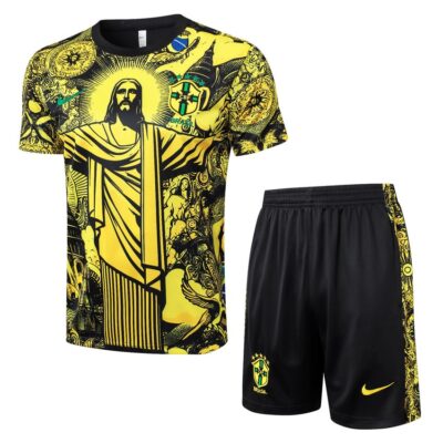 Brazil 2024 2025 Yellow Pattern Soccer Jersey Shorts Set