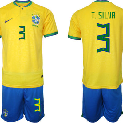 Brazil #3 T. Silva Yellow 2022 FIFA World Cup Home Soccer Jersey Suit