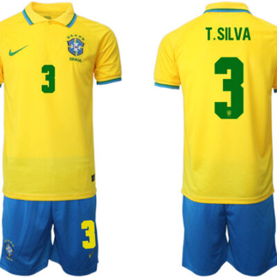Brazil #3 T. Silva Yellow Home Soccer Jersey Suit