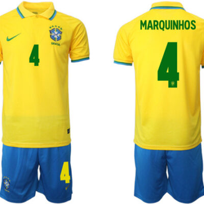Brazil #4 Marquinhos Yellow Home Soccer Jersey Suit