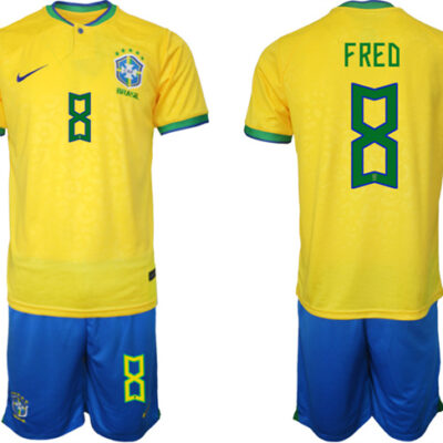 Brazil #8 Fred Yellow 2022 FIFA World Cup Home Soccer Jersey Suit