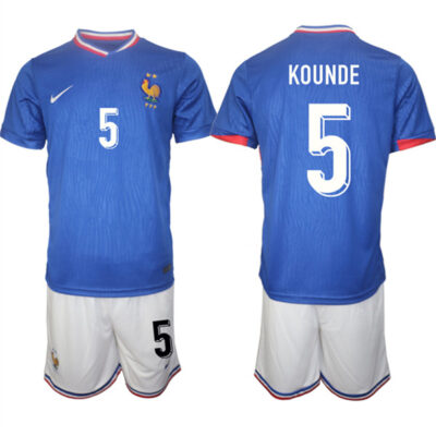 France #5 Jules Kounde Blue 2024-25 Home Soccer Jersey Suit