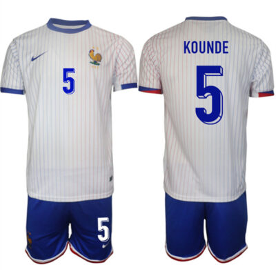 France #5 Jules Kounde White 2024-25 Away Soccer Jersey Suit
