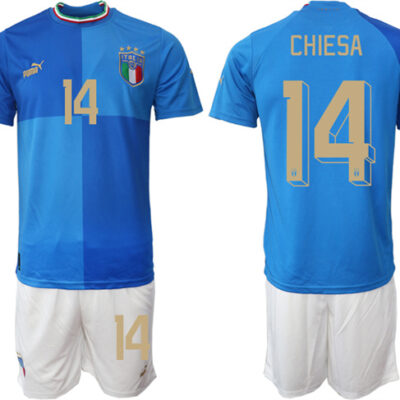 Italy #14 Chiesa Blue Home Soccer Jersey Suit