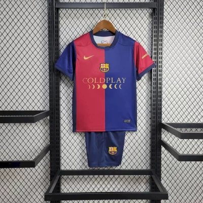 Kids' Kit Soccer Jersey Suit Barcelona Coldplay I 24/25 - Blue and Grena