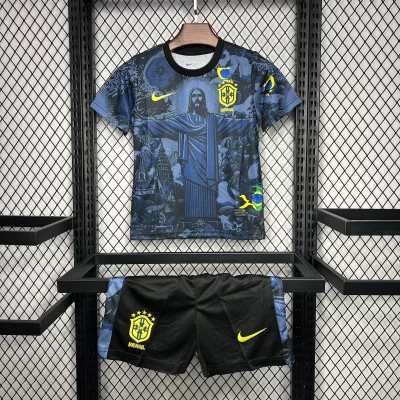 Kids' Kit Soccer Jersey Suit Brazil Edicao Cristo 2024/25 - Blue and Black