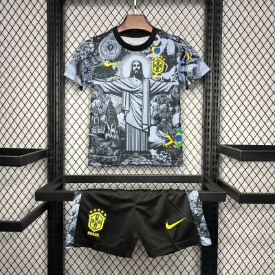 Kids' Kit Soccer Jersey Suit Brazil Edicao Cristo 2024/25 - Gray and Black