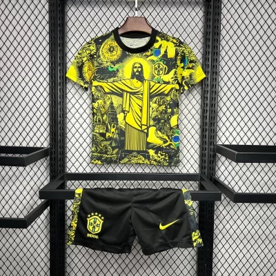 Kids' Kit Soccer Jersey Suit Brazil Edicao Cristo 2024/25 - Yellow and Black