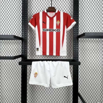 Kids' Kit Soccer Jersey Suit Sporting Gijon I 24/25 - White and Red