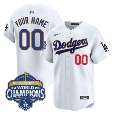 LA Dodgers 2025 Back-To-Back World Series Champions Gold Trim Vapor Premier Limited Custom Jersey  - White