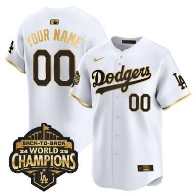 LA Dodgers 2025 Back-To-Back World Series Champions Gold Trim Vapor Premier Limited Custom Jersey  - White Gold