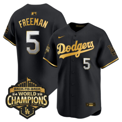 LA Dodgers 2025 Back-To-Back World Series Champions Gold Trim Vapor Premier Limited Jersey  - Black Gold / Freddie Freeman