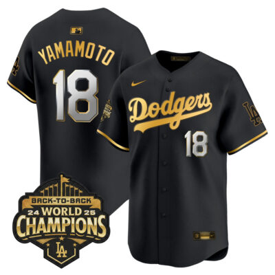 LA Dodgers 2025 Back-To-Back World Series Champions Gold Trim Vapor Premier Limited Jersey  - Black Gold / Yamamoto