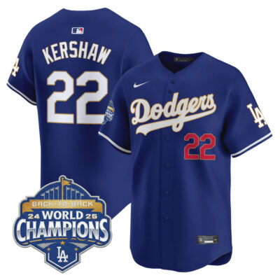 LA Dodgers 2025 Back-To-Back World Series Champions Gold Trim Vapor Premier Limited Jersey  - Royal / Clayton Kershaw