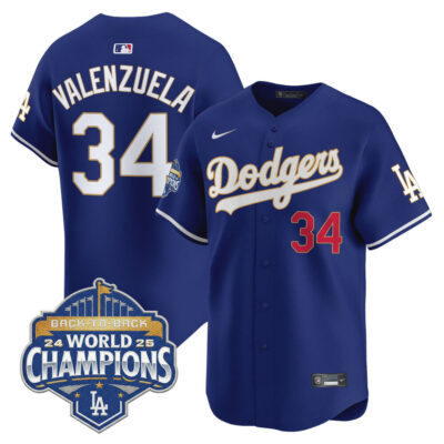 LA Dodgers 2025 Back-To-Back World Series Champions Gold Trim Vapor Premier Limited Jersey  - Royal / Fernando Valenzuela