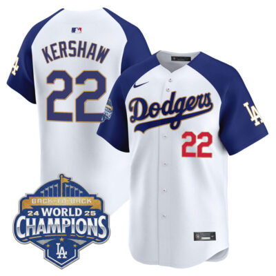 LA Dodgers 2025 Back-To-Back World Series Champions Gold Trim Vapor Premier Limited Jersey  - White Alternate / Clayton Kershaw