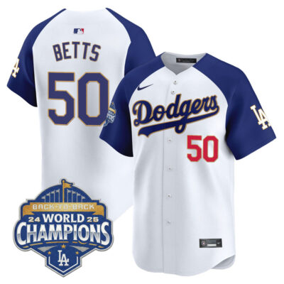 LA Dodgers 2025 Back-To-Back World Series Champions Gold Trim Vapor Premier Limited Jersey  - White Alternate / Mookie Betts