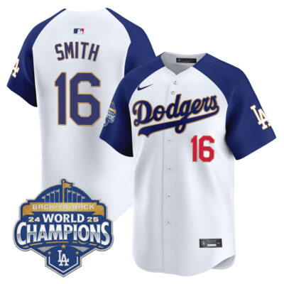LA Dodgers 2025 Back-To-Back World Series Champions Gold Trim Vapor Premier Limited Jersey  - White Alternate / Will Smith