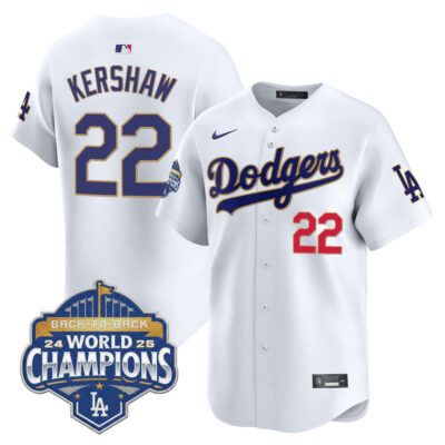 LA Dodgers 2025 Back-To-Back World Series Champions Gold Trim Vapor Premier Limited Jersey  - White / Clayton Kershaw