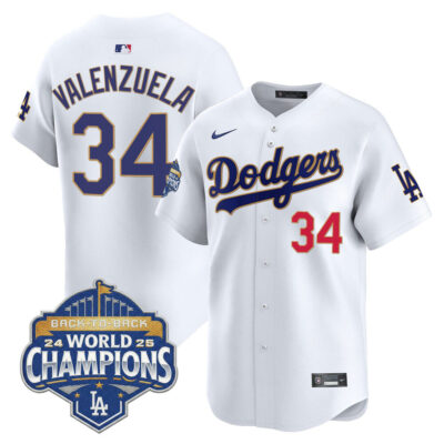 LA Dodgers 2025 Back-To-Back World Series Champions Gold Trim Vapor Premier Limited Jersey  - White / Fernando Valenzuela