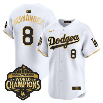 LA Dodgers 2025 Back-To-Back World Series Champions Gold Trim Vapor Premier Limited Jersey  - White Gold / Kike Hernandez
