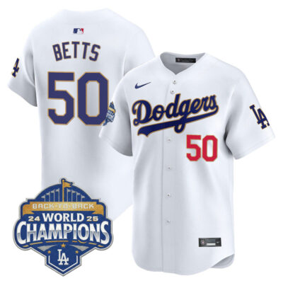 LA Dodgers 2025 Back-To-Back World Series Champions Gold Trim Vapor Premier Limited Jersey  - White / Mookie Betts