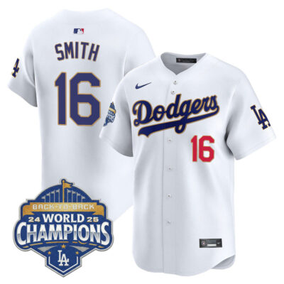 LA Dodgers 2025 Back-To-Back World Series Champions Gold Trim Vapor Premier Limited Jersey  - White / Will Smith