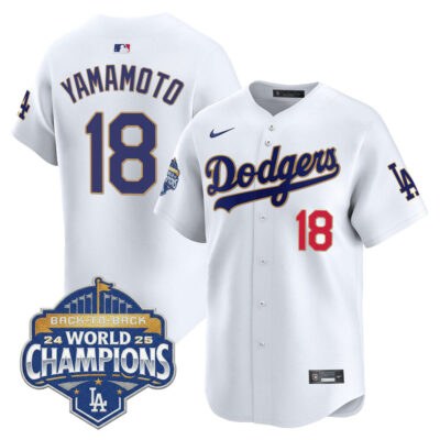 LA Dodgers 2025 Back-To-Back World Series Champions Gold Trim Vapor Premier Limited Jersey  - White / Yamamoto