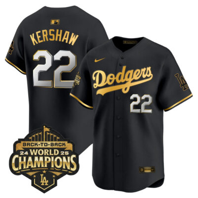 LA Dodgers 2025 Back-To-Back World Series Champions Vapor Premier Limited Jersey  - Black Gold / Clayton Kershaw