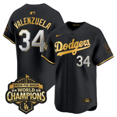 LA Dodgers 2025 Back-To-Back World Series Champions Vapor Premier Limited Jersey  - Black Gold / Fernando Valenzuela