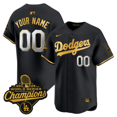 LA Dodgers 2025 World Series Champions Patch Gold Trim Vapor Premier Limited Custom Jersey - Black Gold