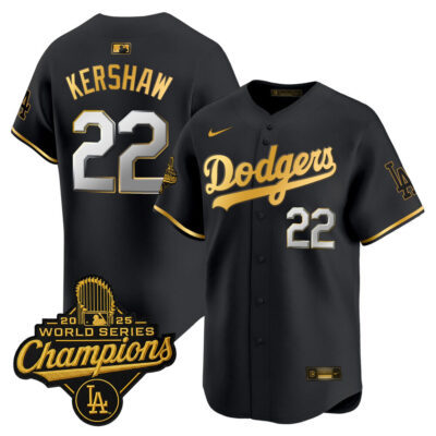 LA Dodgers 2025 World Series Champions Patch Gold Trim Vapor Premier Limited Jersey - Black Gold / Clayton Kershaw