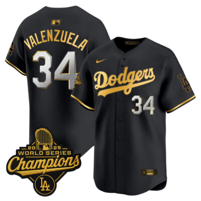LA Dodgers 2025 World Series Champions Patch Gold Trim Vapor Premier Limited Jersey - Black Gold / Fernando Valenzuela