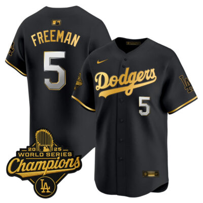 LA Dodgers 2025 World Series Champions Patch Gold Trim Vapor Premier Limited Jersey - Black Gold / Freddie Freeman