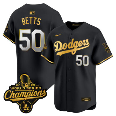 LA Dodgers 2025 World Series Champions Patch Gold Trim Vapor Premier Limited Jersey - Black Gold / Mookie Betts